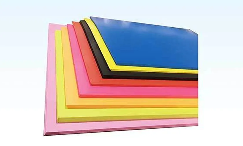 Seven through-pigmented core colours plus white and clear — the colour-through stock behind VIP and colour-edge cards.