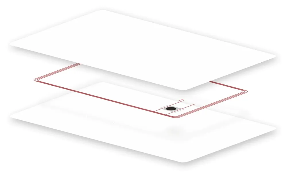 Exploded view: the antenna coil and chip bonded between core sheets — the inlay every contactless card is built around.